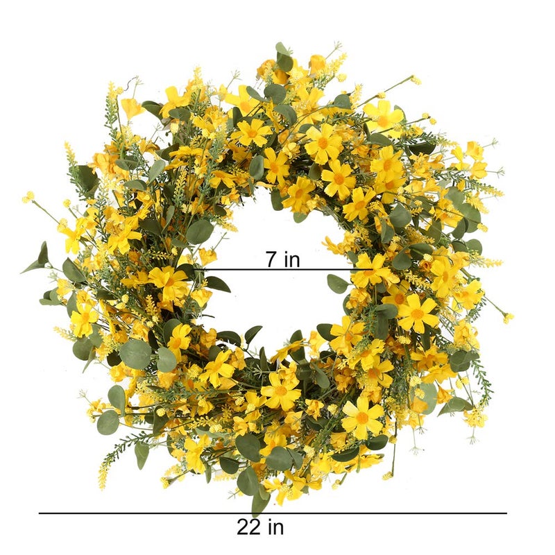 J'FLORU Artificial Spring Wreath 22 Inch Summer Wreaths for Front Door Yellow Daisy Wreath for Indoor Outdoor Home Decor and Easter Celebration - Image 4